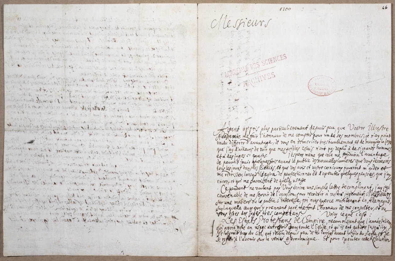 Prima pagina di una lettera scritta da Leibniz sulla sua ammissione all