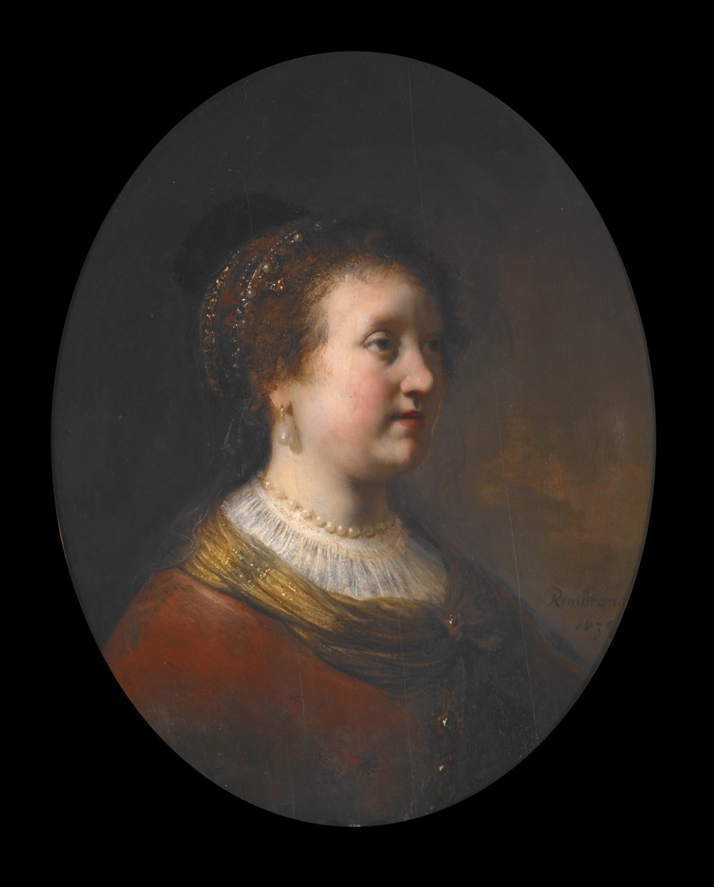 Donna in abito rosso e perle da Govaert Flinck