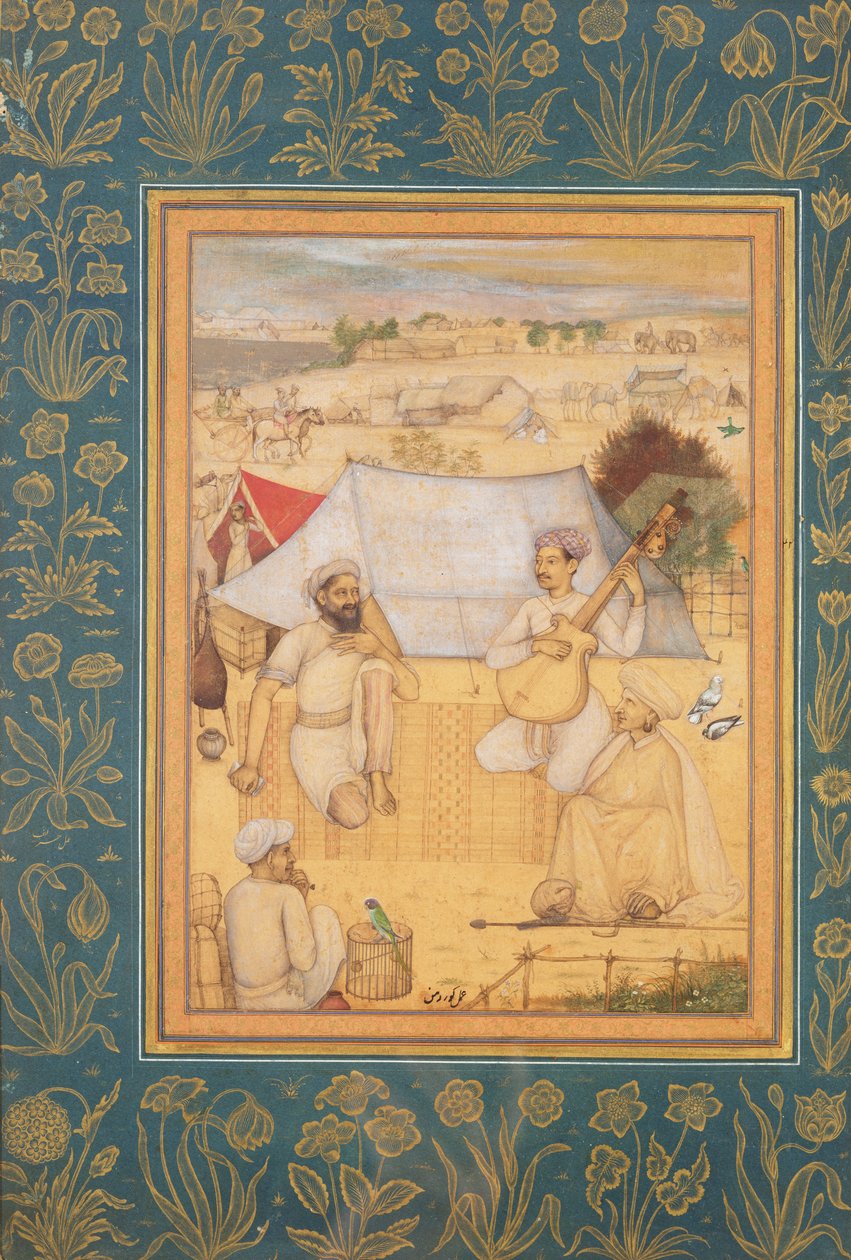 Musicisti e Cantanti Si Inginocchiano ai Margini di un Campo Mughal. Un Yogi e un Servitore Li Ascoltano, dal Minto Album, c.1630 da Govardhan