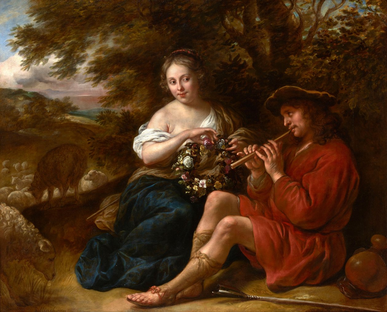 Olandese: Pastora che ascolta un pastore che suona il flauto in un paesaggio arcadico Elegante Pastora che ascolta un pastore che suona il flauto in un paesaggio arcadico da Govert Flinck