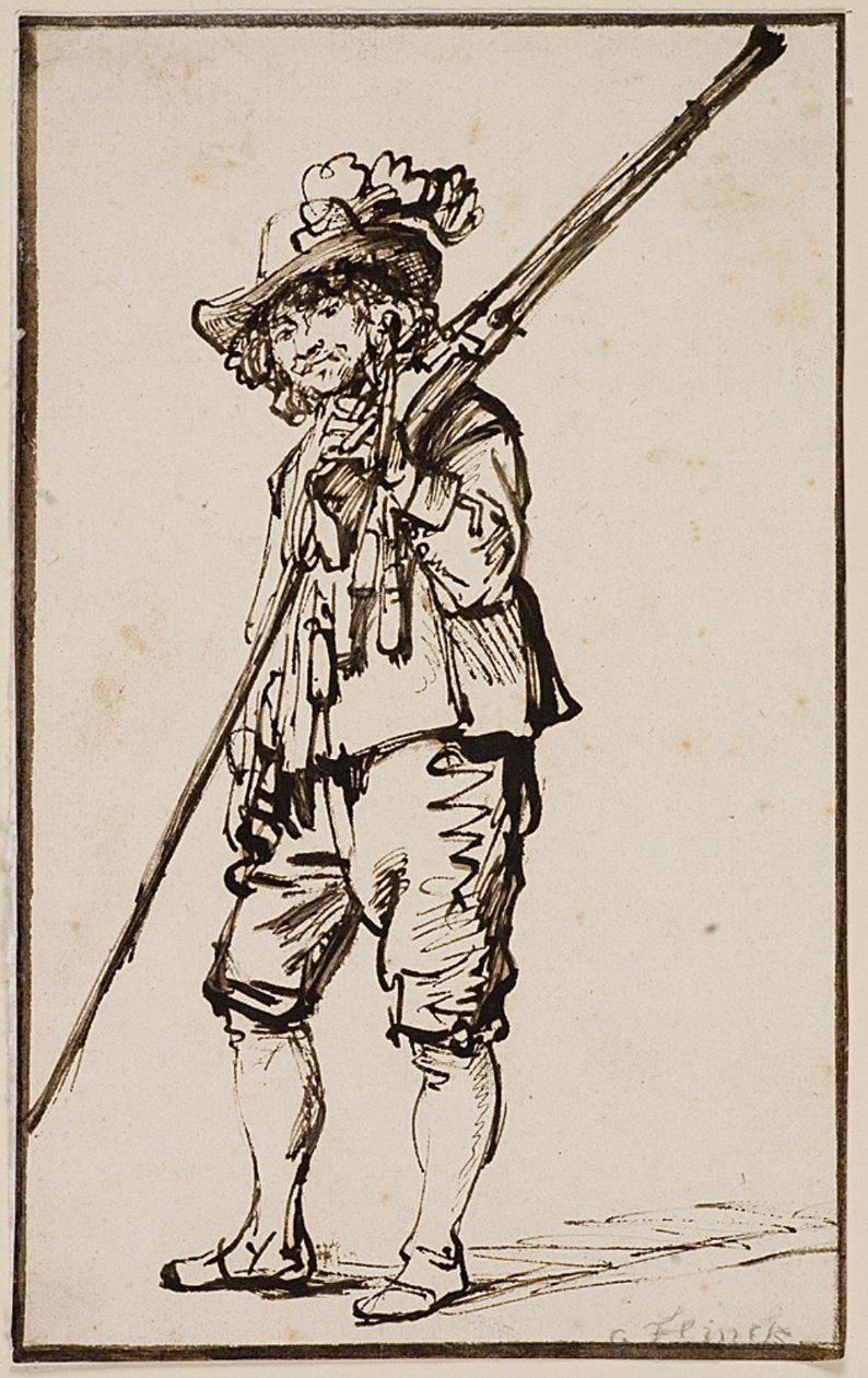 Un soldato in piedi con un moschetto sulla spalla da Govert Flinck
