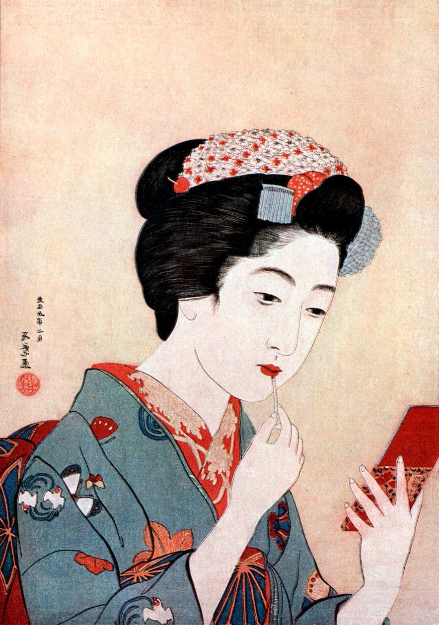 Una donna con un pennello Beni, c1900-1921 da Goyo Hashiguchi