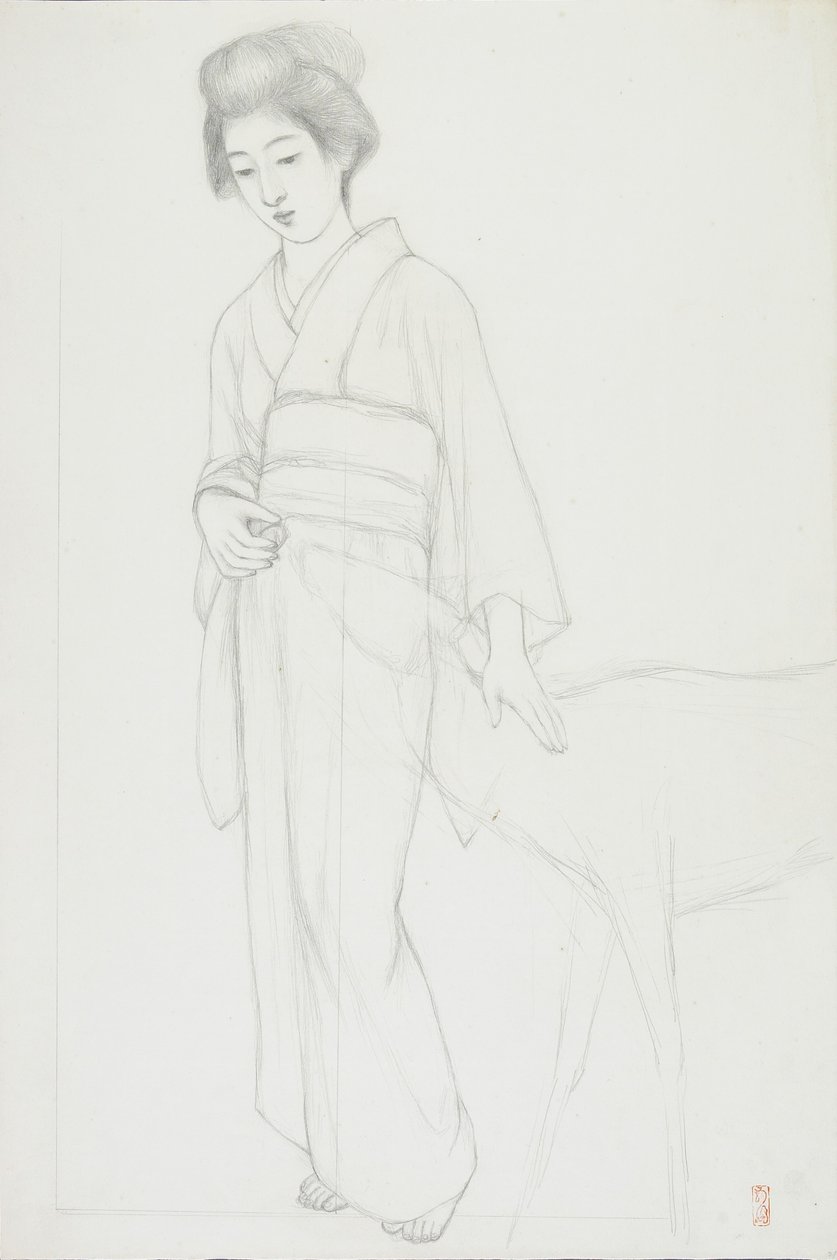 Disegno di donna che accarezza un cervo da Goyo Hashiguchi