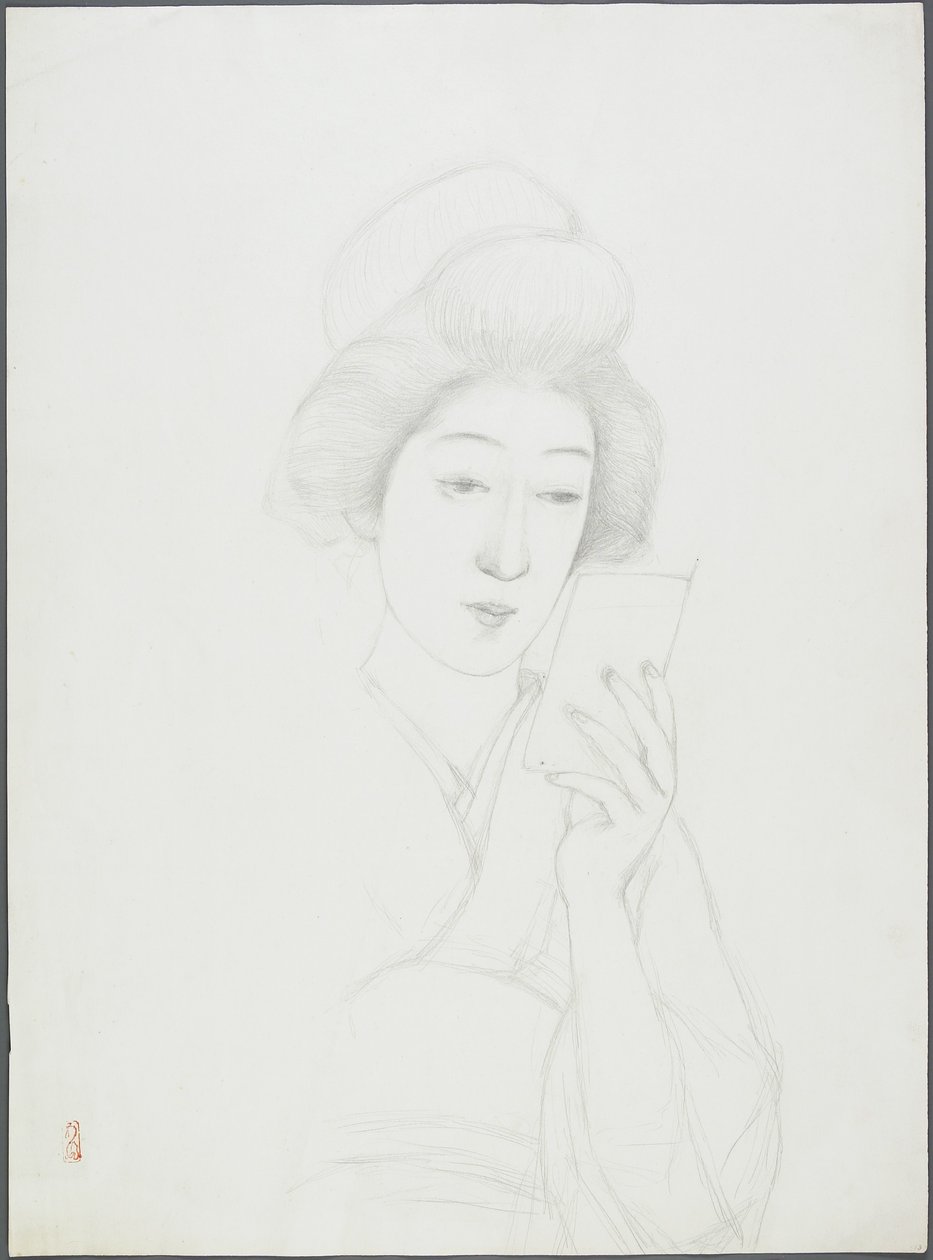 Disegno di una Donna che Tiene uno Specchio da Goyo Hashiguchi