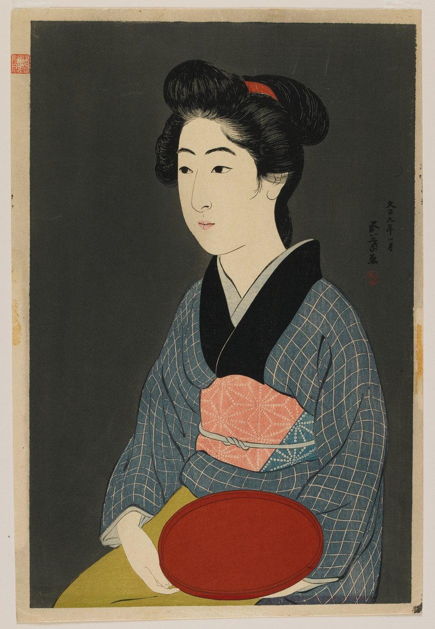 Donna che tiene un vassoio, era Taisho, gennaio 1920 (stampa a blocchi di legno a colori) da Goyo Hashiguchi