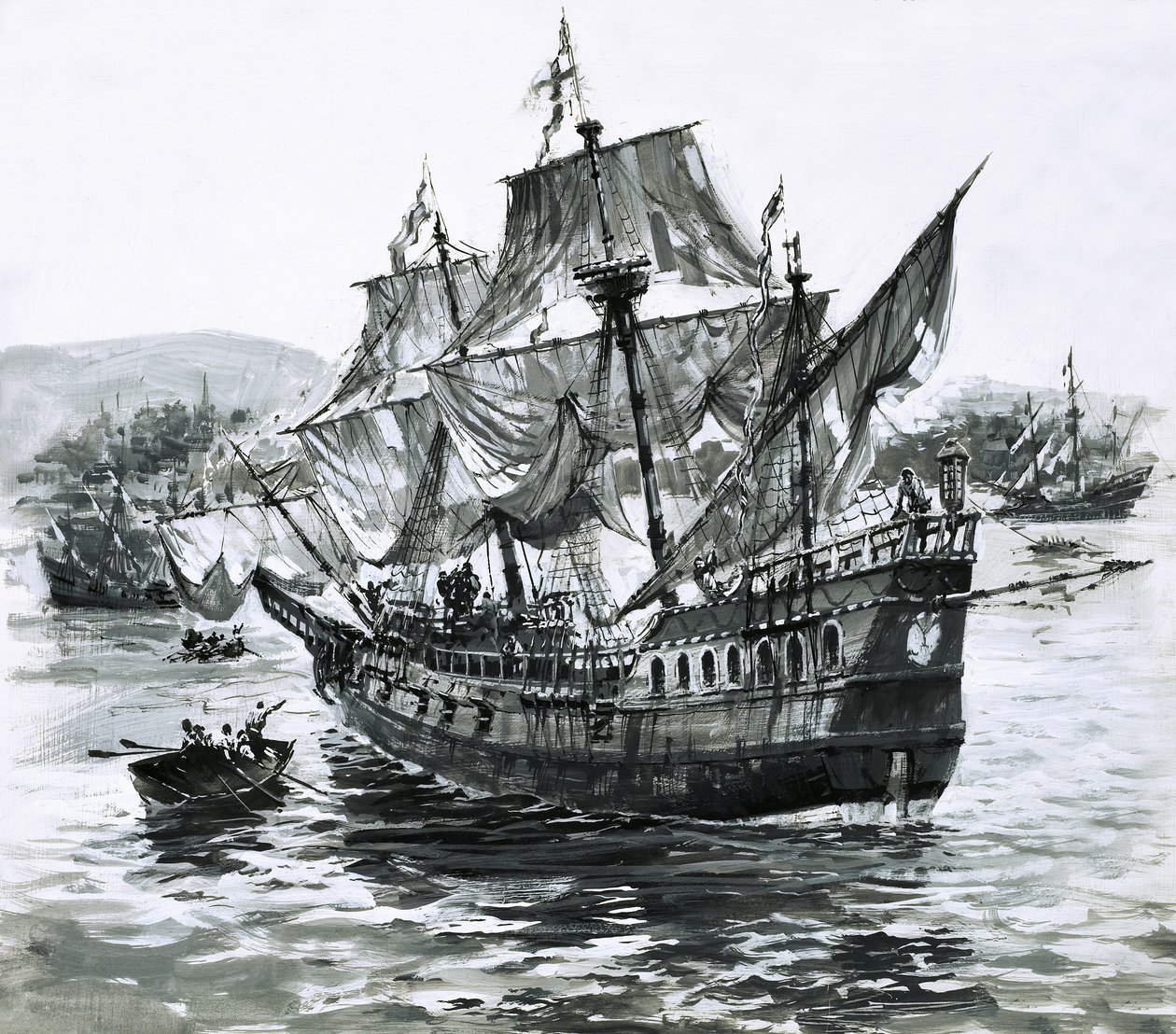 La nave di Drake, la Golden Hind, torna zoppicando a Portsmouth con immense ricchezze. da Graham Coton