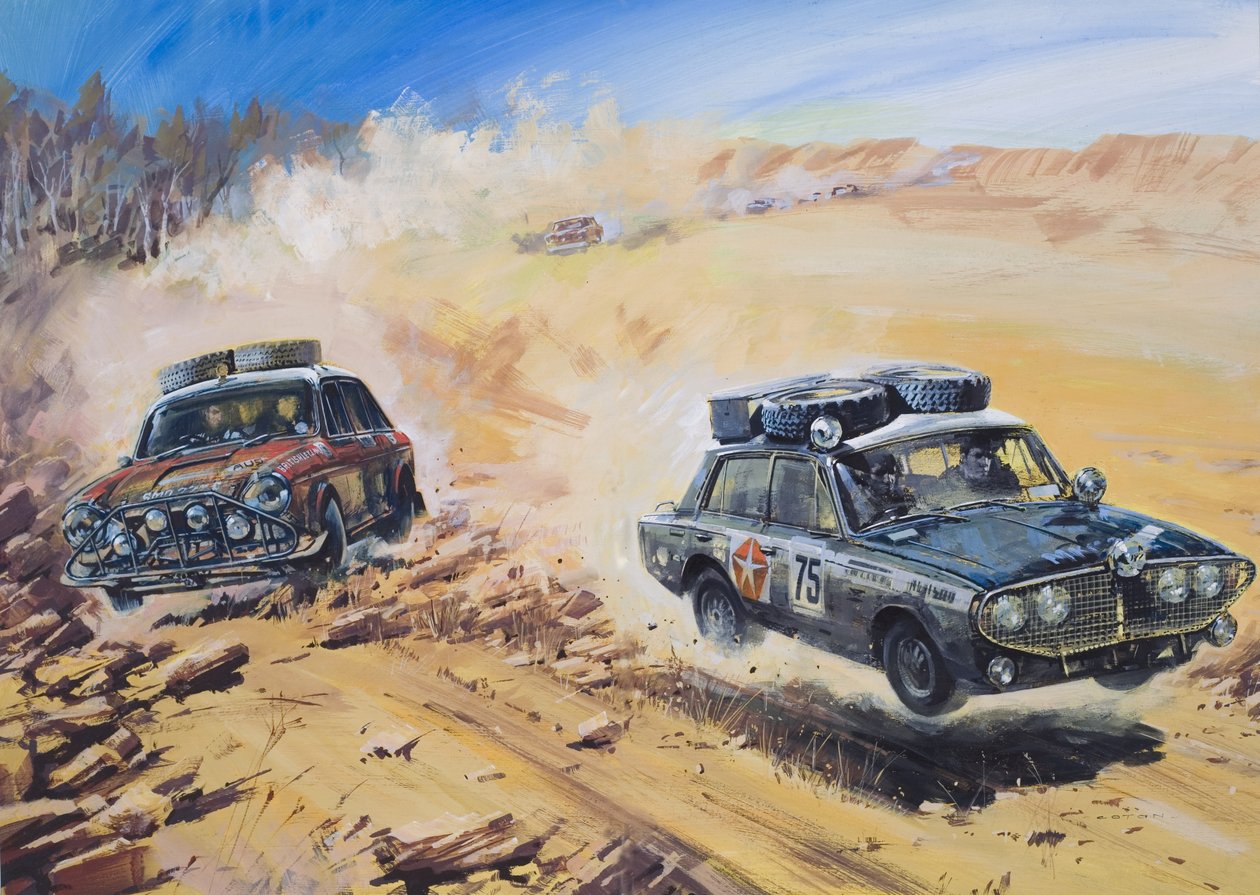 Rally automobilistico Londra-Sydney del 1968 (gouache su carta) da Graham Coton
