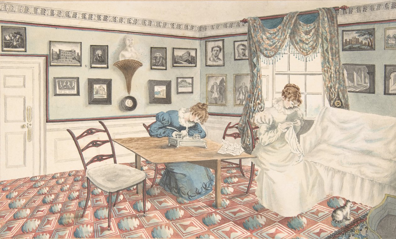 Due giovani donne che scrivono e cuciono in un interno a Hatton, Warwickshire da Granddaughters of Dr. Samuel Parr.