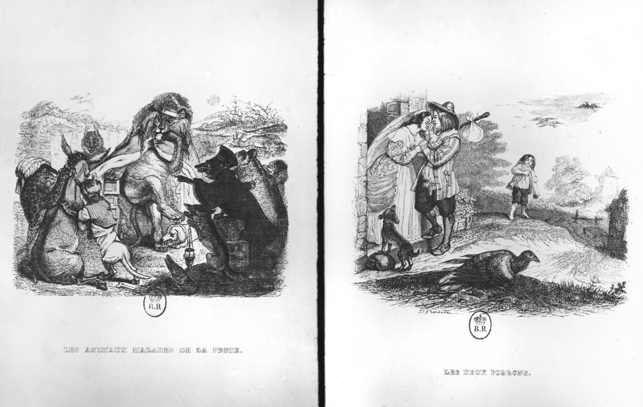 Animali con la peste e i due piccioni, illustrazioni dalle favole di La Fontaine da Grandville