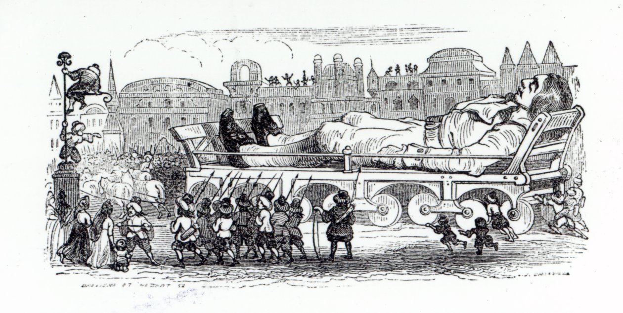 Gulliver trasportato nella capitale di Lilliput, un