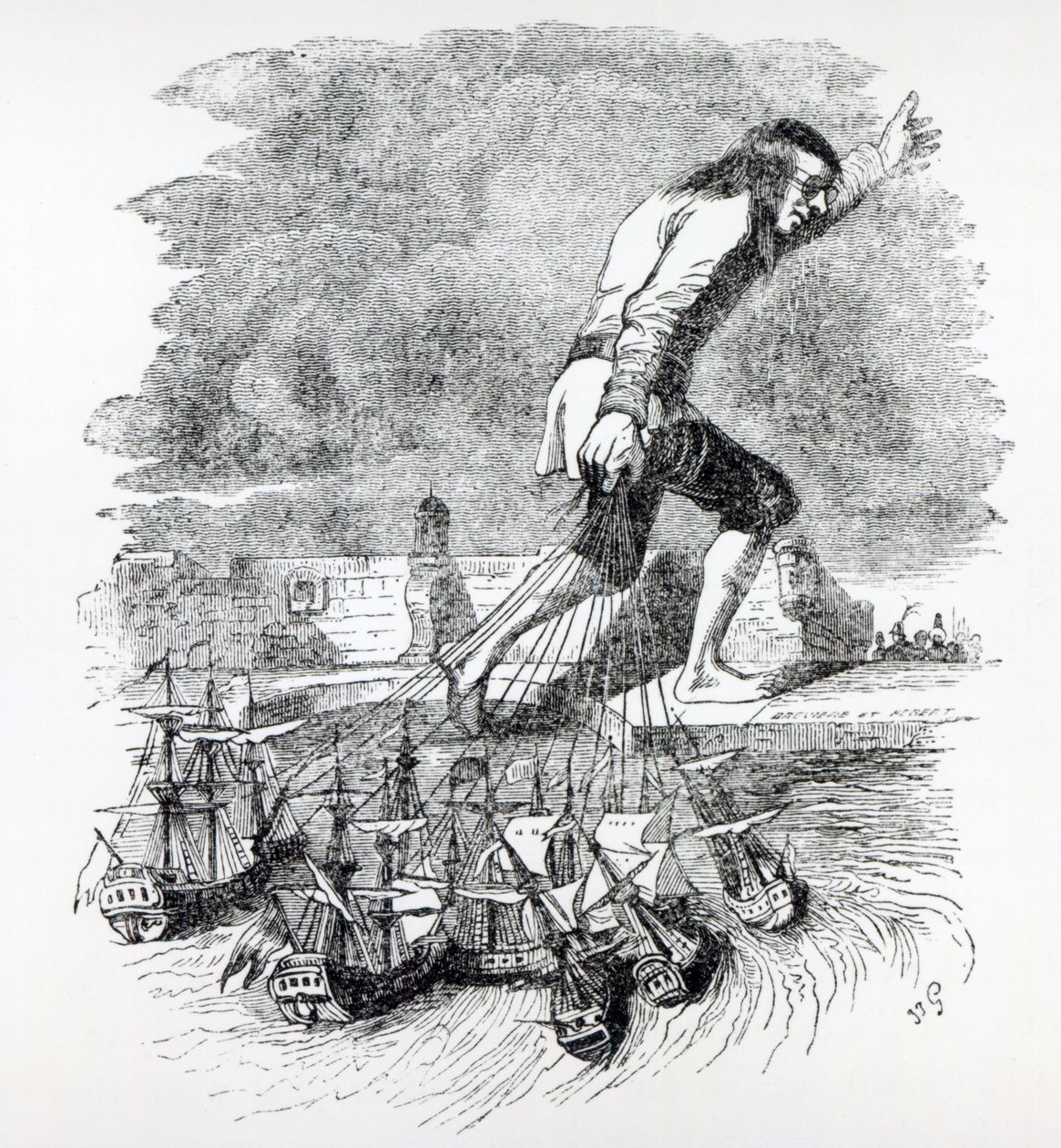 Gulliver ruba la flotta di Blefuscu, illustrazione da 