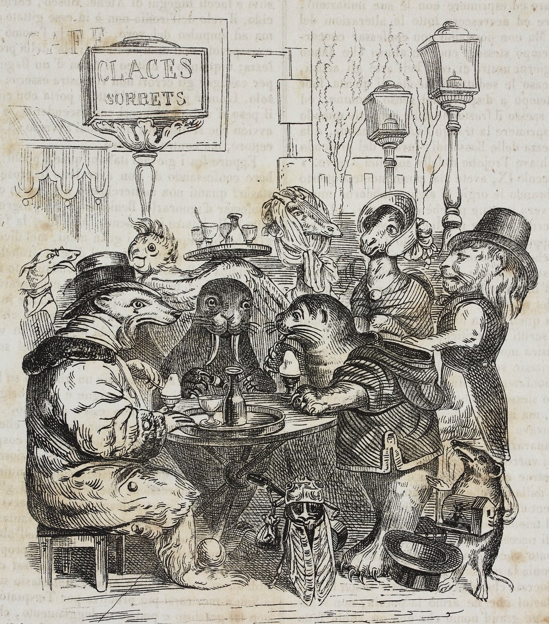 Bestie sedute in una gelateria, litografia di Giovanni Mariani dopo una caricatura di Jean-Jacques Grandville da Poliorama Pittoresco, n. 24, 21 gennaio da Grandville