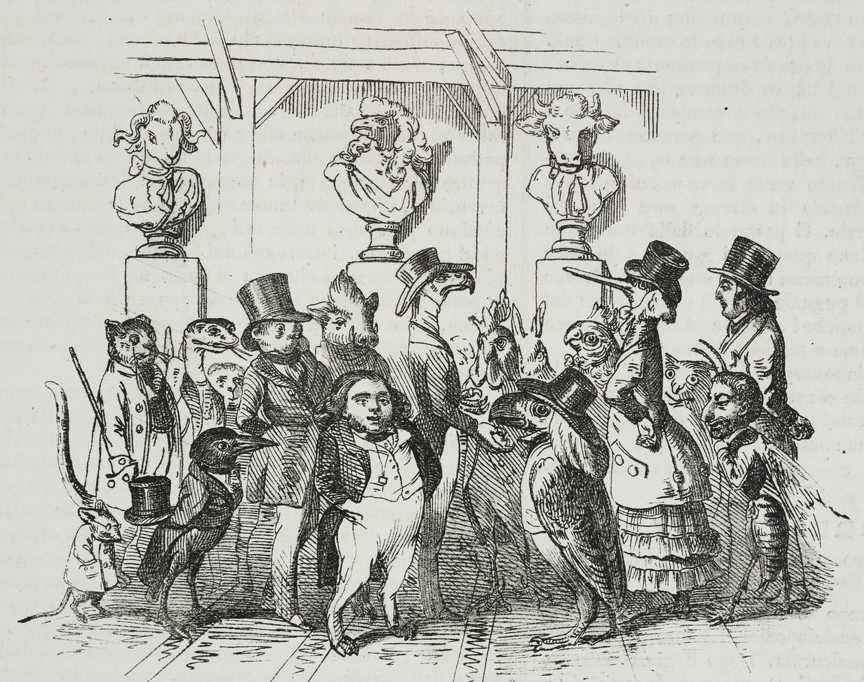 Uscita dal teatro, caricatura di Jean-Jacques Grandville, litografia di Giovanni Mariani da Poliorama Pittoresco, n. 39, 7 maggio da Grandville