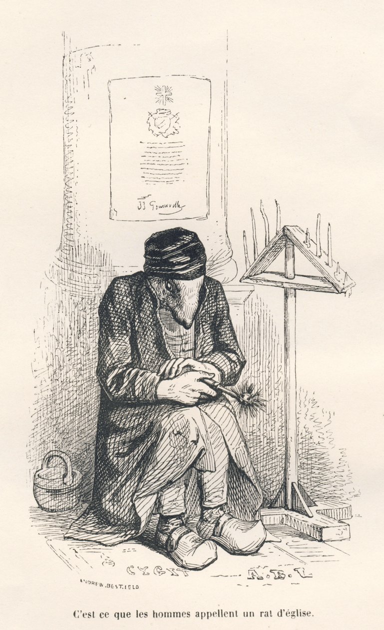 Topo di chiesa. Vignette illustrate da JJ Granville. Incisione firmata Andrew, Best e Leloir nella parte intitolata "Le rat philosophe" scritto da Edouard Lemoine in "Scènes de la vie privée et publique des animaux" da Grandville