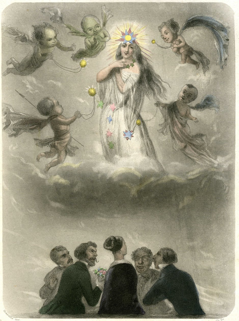 Allegoria di una giovane donna circondata da 4 sospiranti, che si paragona a un pianeta intorno al quale gravitano quattro satelliti, uno dei quali diventerà il suo sole. Incisione di Grandville che illustra un capitolo del libro di Méry: "Le Stelle" da Grandville (1803 47)