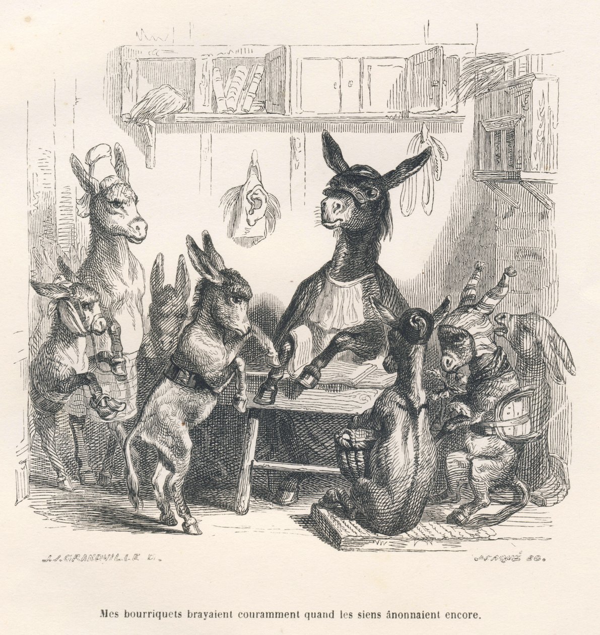 Asini a scuola. Vignette illustrate da JJ Granville. Incisione firmata Caque nella parte intitolata "Guide-ane a l