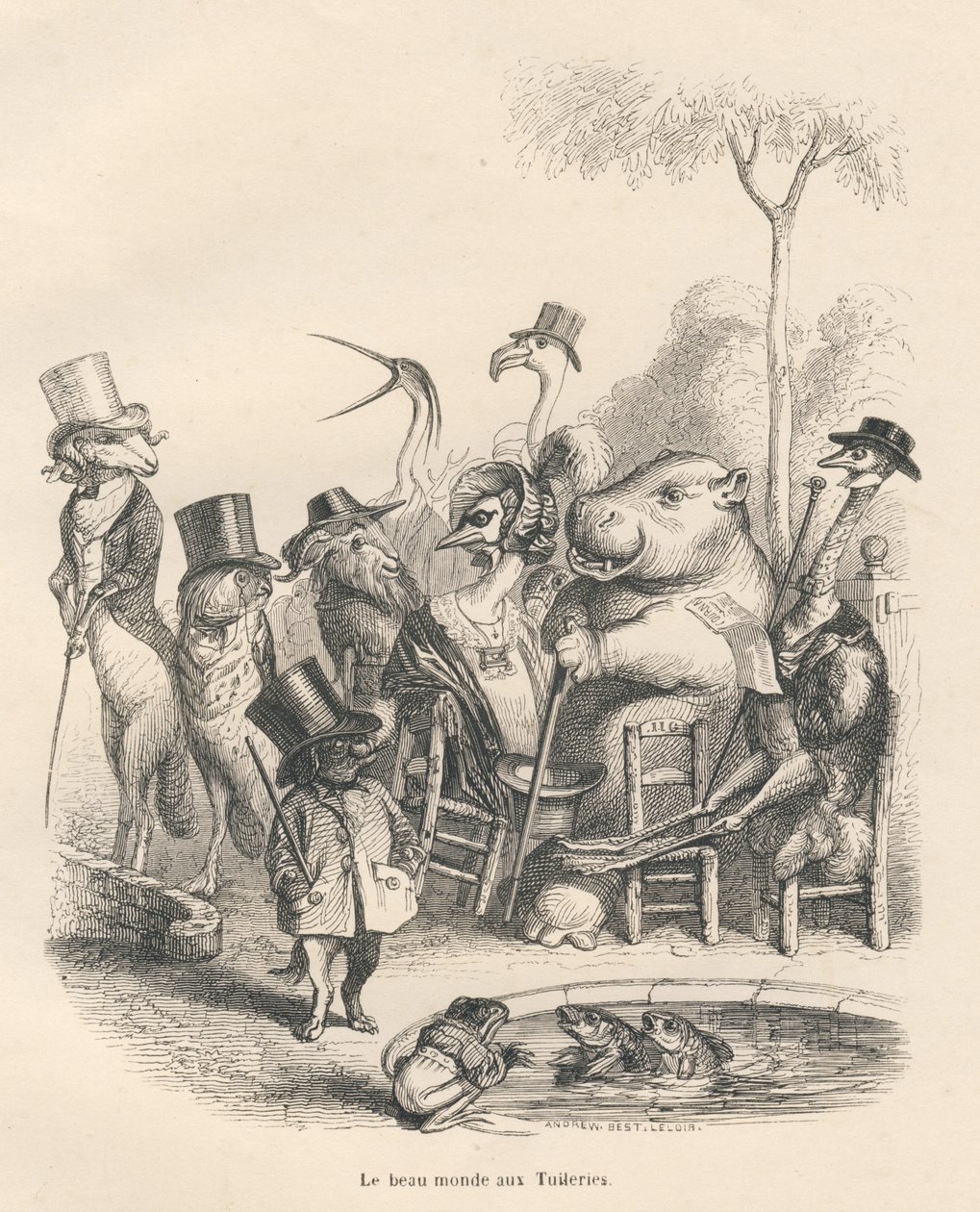 Animali in abiti eleganti che passeggiano alle Tuileries. Vignette illustrate da JJ Granville. Incisione firmata Andrew, Best e Leloir nella parte "Histoire d
