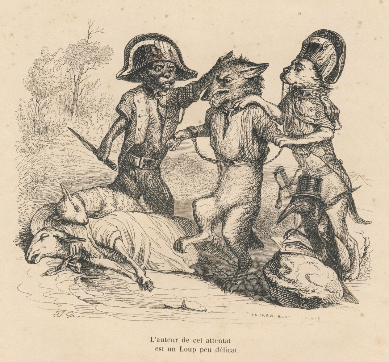 Arresto di un lupo che ha appena ucciso due pecore. Vignette illustrate da JJ Granville. Incisione firmata Andrew, Best e Leloir nella parte intitolata "Corte criminale di giustizia animale" scritto da Emile de La Bedolliere in "Scene della vita privata e  da Grandville