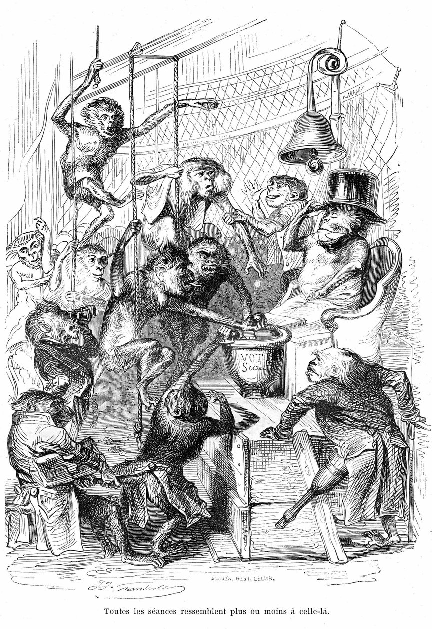 Cartone animato: La Camera dei Deputati vista come un Palazzo delle Scimmie - Incisione di Grandville, estratta dal libro 