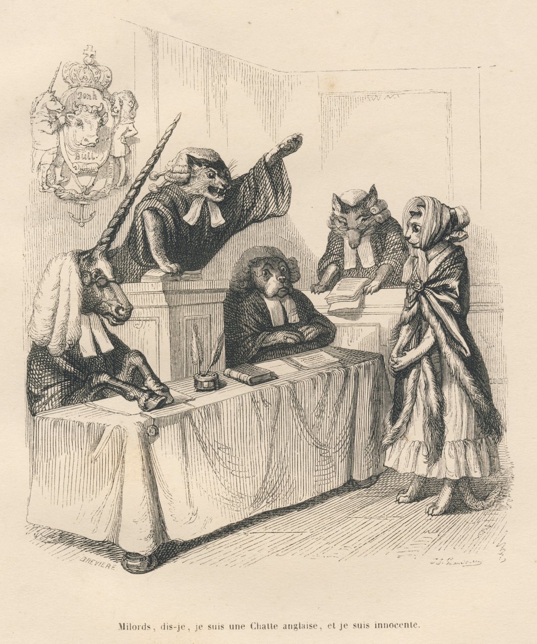 Gatta che si difende in un tribunale costituito da un unicorno, un gatto, un cane e un lupo. Vignette illustrate da JJ Granville. Incisione firmata Breviere nella parte intitolata "Pene di corte di una gatta inglese" scritto da Honoré de Balzac in "Scene d da Grandville