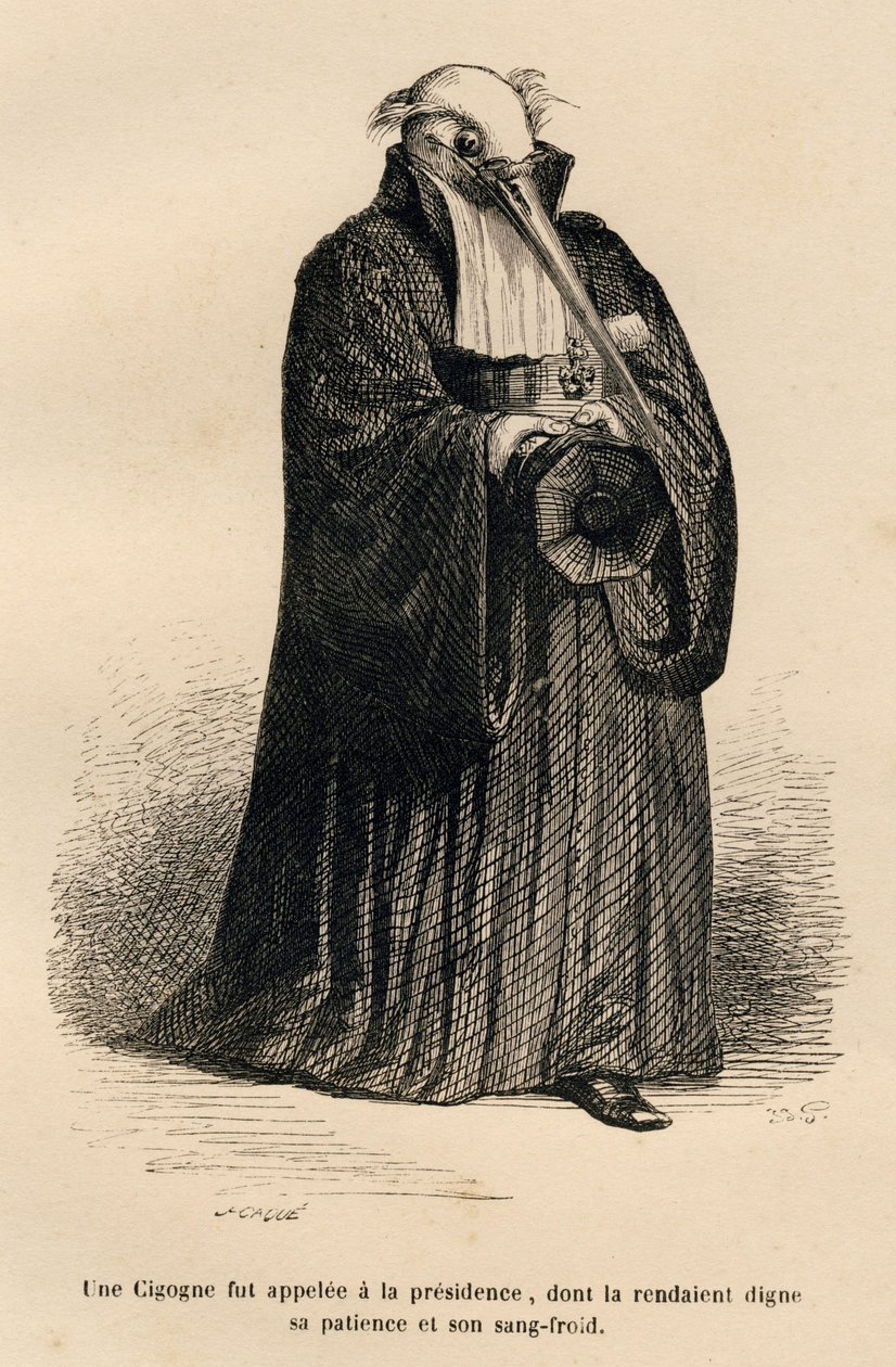 Cicogna in veste di giudice. Vignette illustrate da JJ Granville. Incisione firmata Caque nella parte intitolata "Corte criminale di giustizia animale" scritto da Emile de La Bedolliere in "Scene della vita privata e pubblica degli animali". Parigi, J. Het da Grandville