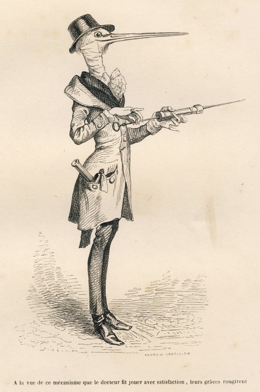 Cicogna medico che manipola un clistere da Grandville