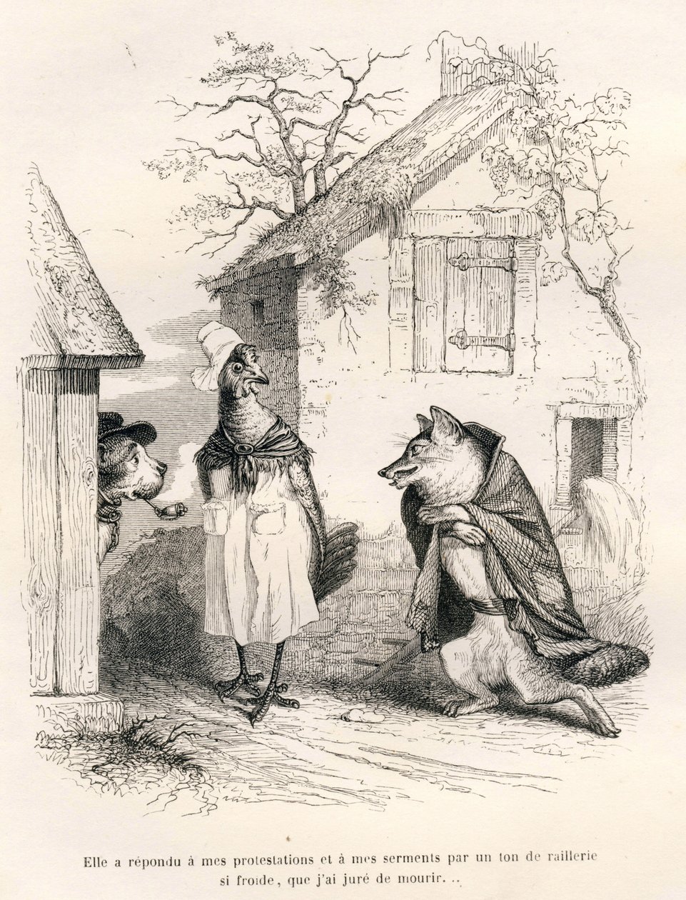 Conversazione tra un cane, una gallina e una volpe. Vignette illustrate da JJ Granville. Incisione firmata Godard nella parte intitolata "Un renard pris au piège" scritto da Charles Nodier in "Scènes de la vie privée et publique des animaux" da Grandville