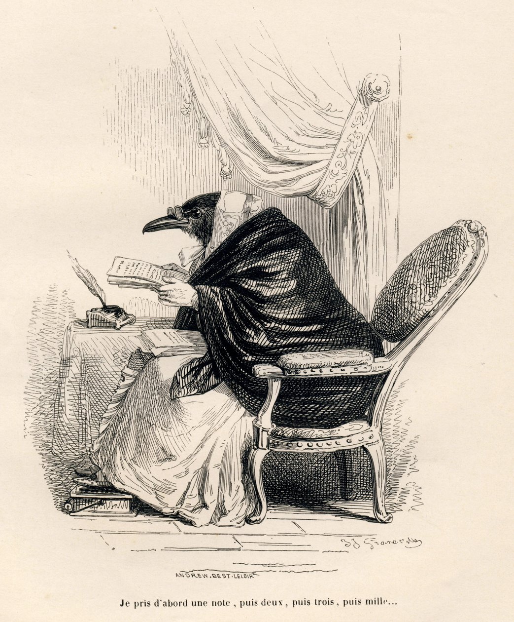 Corvo che scrive. Vignette illustrate da JJ Granville. Incisione firmata Andrew, Best e Leloir nella parte intitolata "Souvenirs d