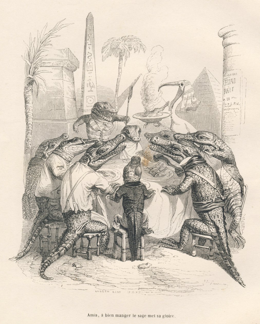 Coccodrilli attorno a un tavolo in Egitto. Vignette illustrate da JJ Granville. Incisione firmata Andrew, Best e Leloir nella parte intitolata "Memorie di un coccodrillo" scritto da Emile de La Bedolliere in "Scene della vita privata e pubblica degli anima da Grandville