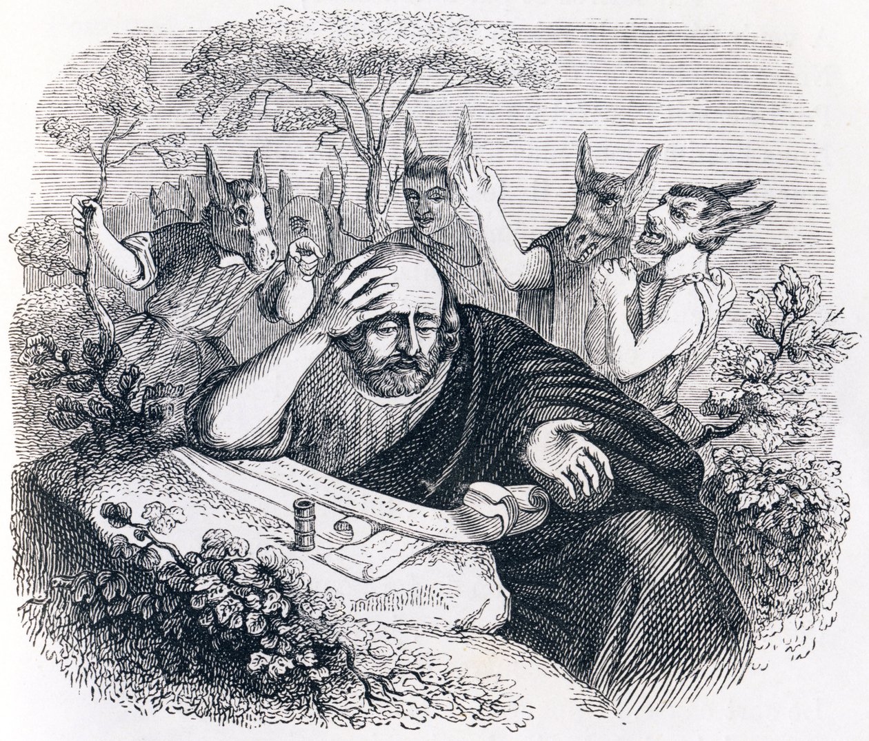 Democrito (460-370 a.C.) e gli Abderitani. (Lettera di Ippocrate) - Favole di La Fontaine da Grandville