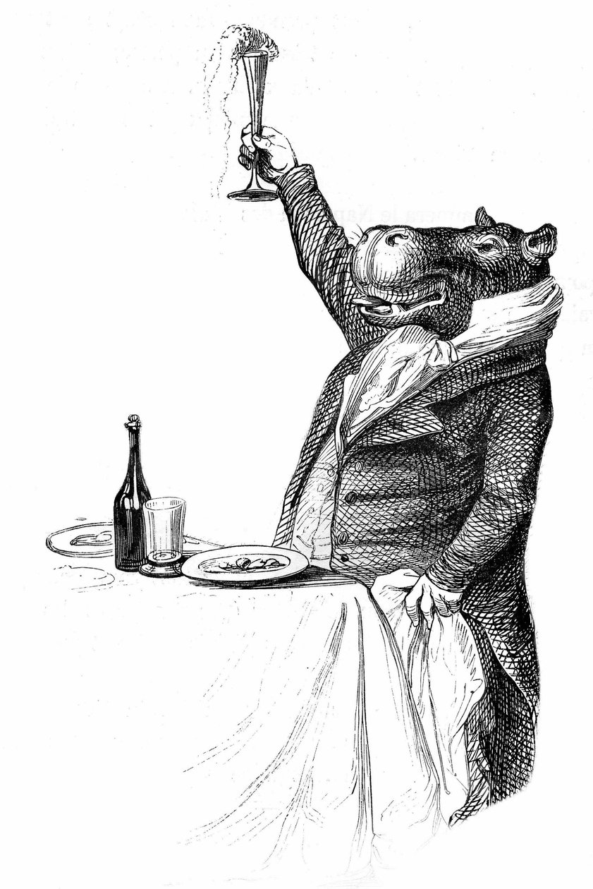 (dettaglio) Incisione di Grandville, estratta dal libro Vita privata e pubblica degli animali (Les animaux peints par eux-mêmes), edizione Hetzel 1867 - Ippopotamo mondano a tavola che alza il bicchiere e fa un brindisi da Grandville (1803 47)