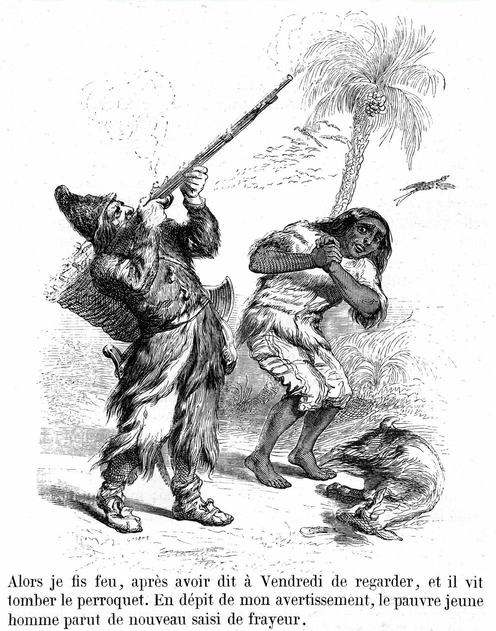 Illustrazione del romanzo Robinson Crusoe di Daniel Defoe da Grandville - edizione Garnier 1869 p193. Robinson spara con un fucile davanti a Venerdì spaventato. da Grandville (1803 47)