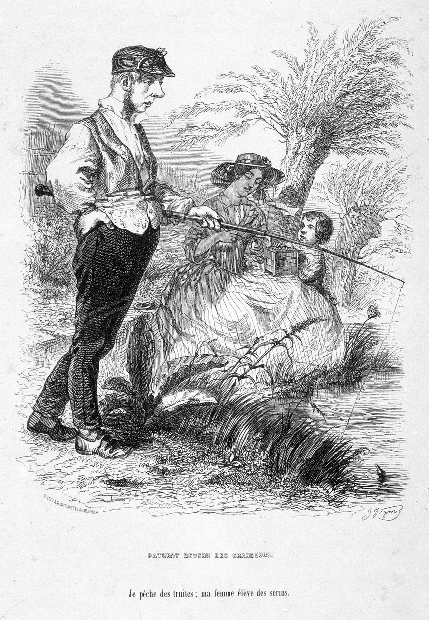 Jérôme Paturot rinuncia alle sue idee di grandezza, pescando mentre sua moglie si prende cura del loro bambino. Cartone animato in “Jérôme Paturot in cerca di una posizione sociale” di Louis Reybaud da Grandville