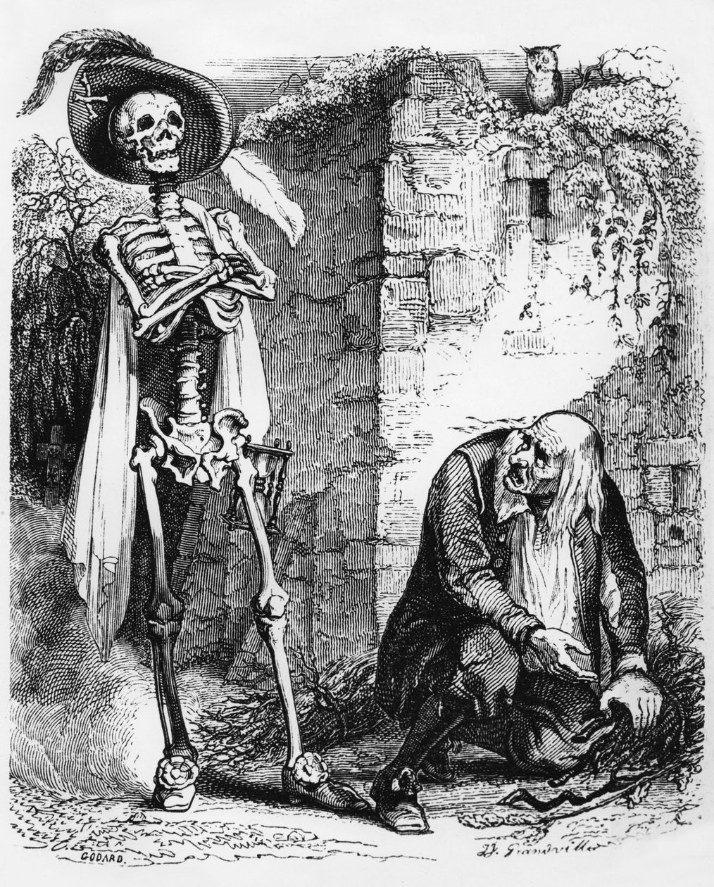 La favola di La Fontaine: La morte e il boscaiolo, incisione di J.J. Grandville, c. 1838-40 da Grandville (1803 47)