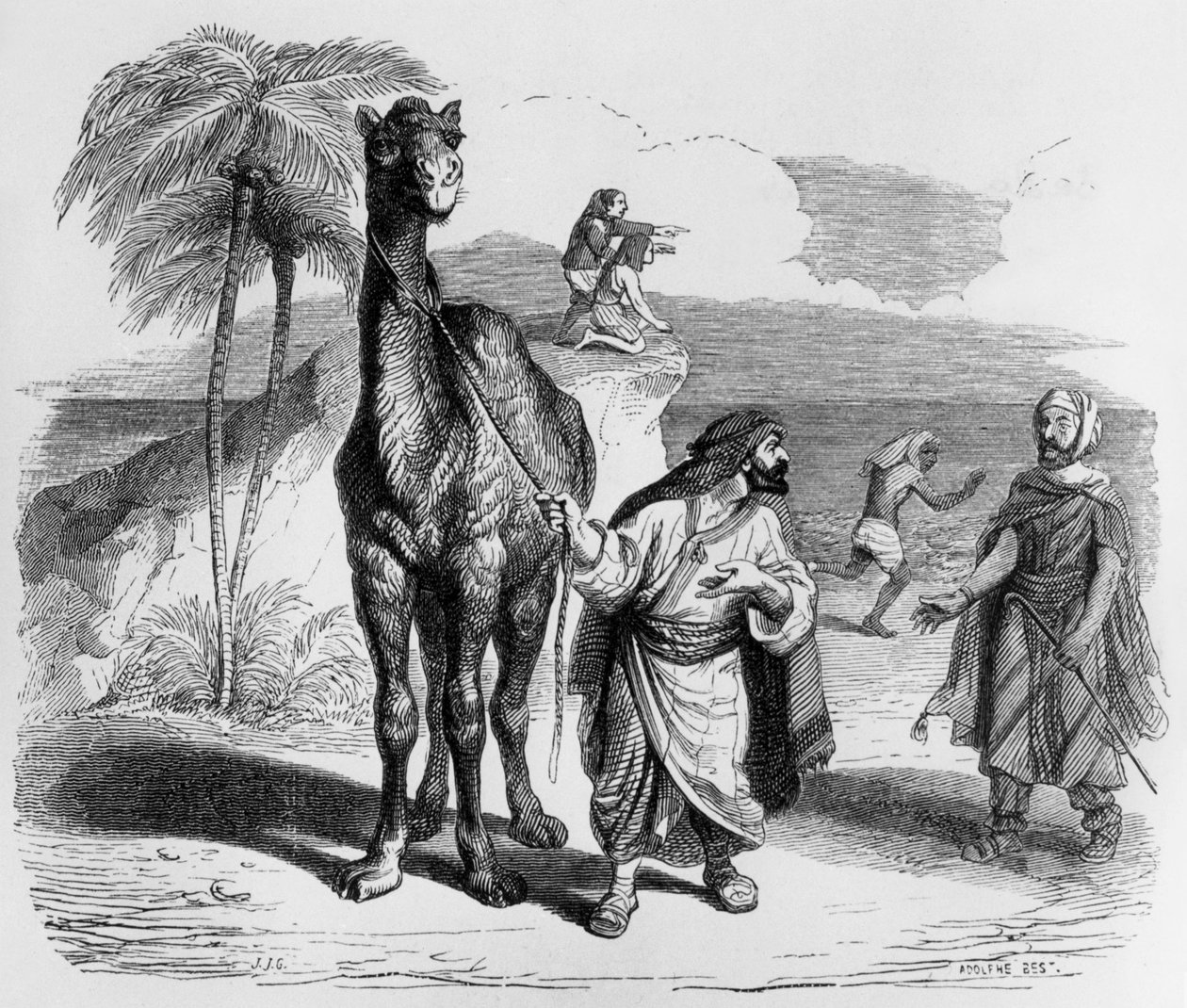 Favola di La Fontaine: il cammello e i bastoni galleggianti (incisione di J.J. Grandville, c. 1838-40) da Grandville (1803 47)