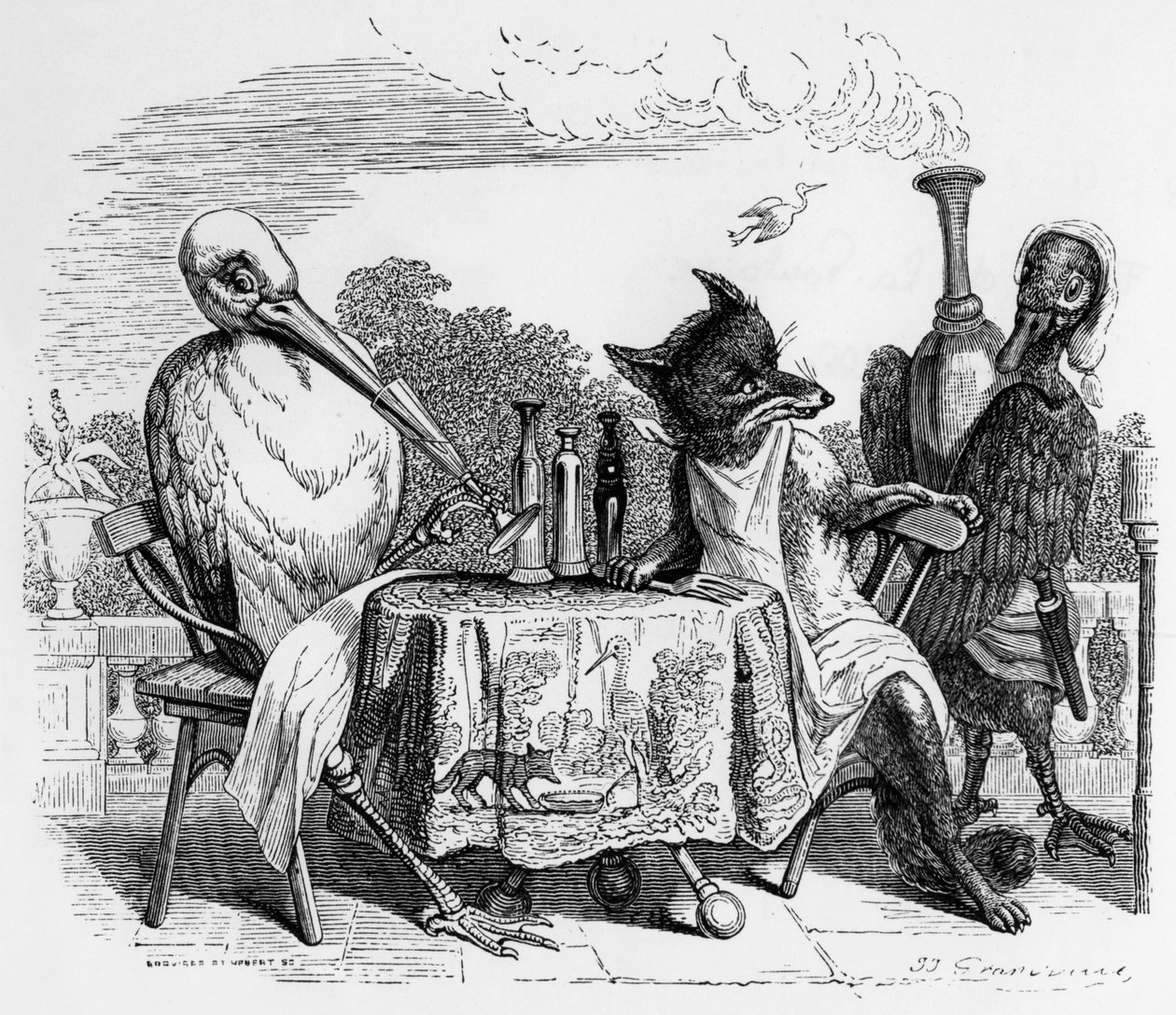 Favola di La Fontaine (di Jean de La Fontaine): la volpe e la cicogna, incisione di J.J. Grandville, c. 1838-40 da Grandville (1803-47)