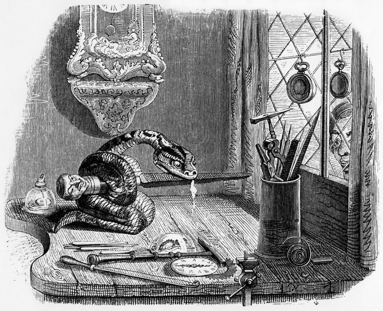 Favola di La Fontaine (di Jean de La Fontaine): il serpente e la lima, incisione di J.J. Grandville, c. 1838-40 da Grandville (1803 47)