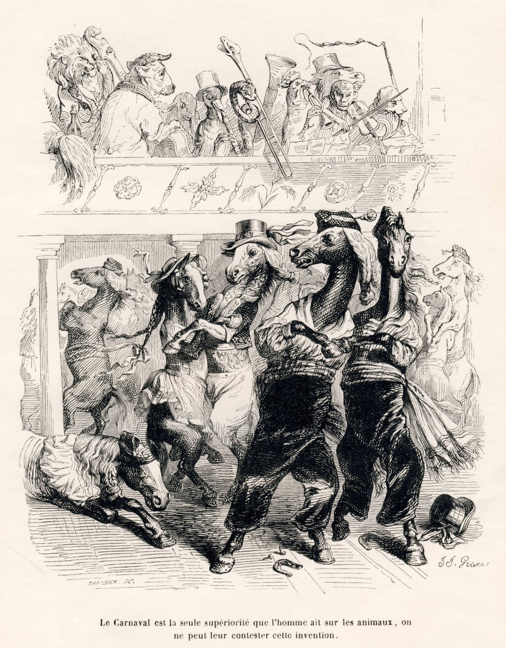 Il carnevale dei cavalli. Vignette illustrate da JJ Granville. Incisione firmata Tamisier nella parte intitolata "Voyage d