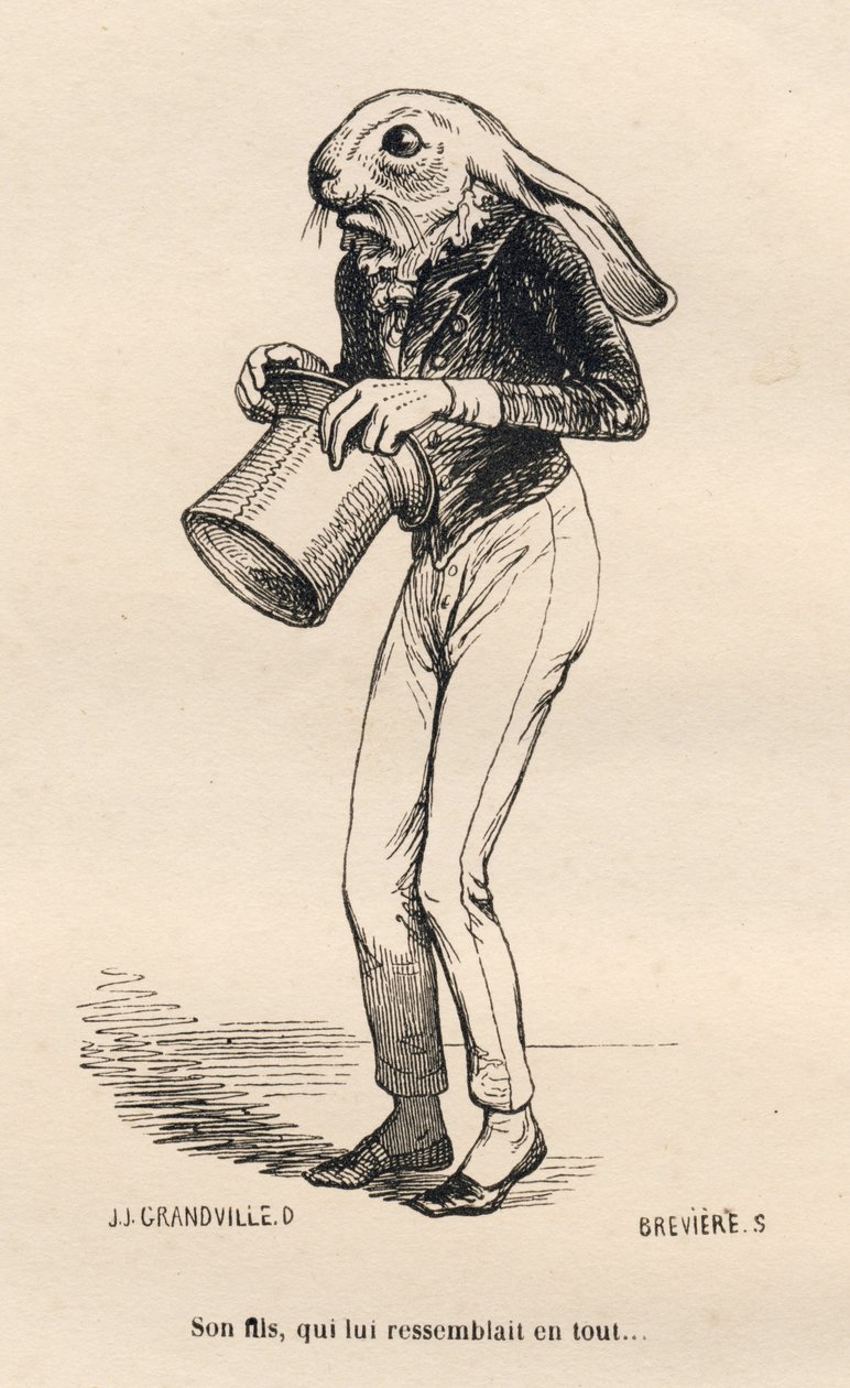 Lepre paurosa in costume da dandy. Vignette illustrate da JJ Granville. Incisione firmata Breviere nella parte "Storia di una lepre" scritto da PJ Stahl in "Scene della vita privata e pubblica degli animali". Parigi, J. Hetzel et Paulin da Grandville