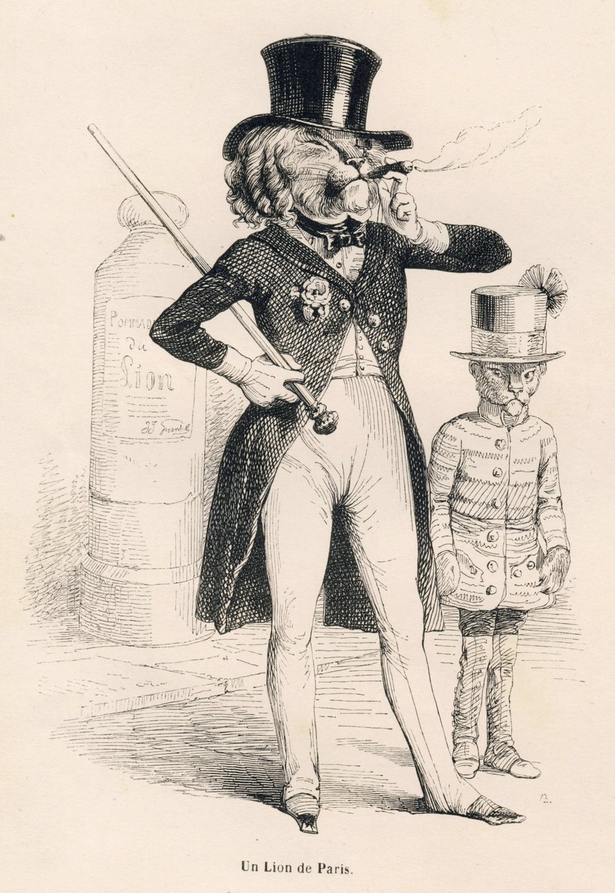 Leone di Parigi. Vignette illustrate da JJ Granville. Incisione firmata Andrew, Best e Leloir nella parte intitolata "Viaggio di un leone d