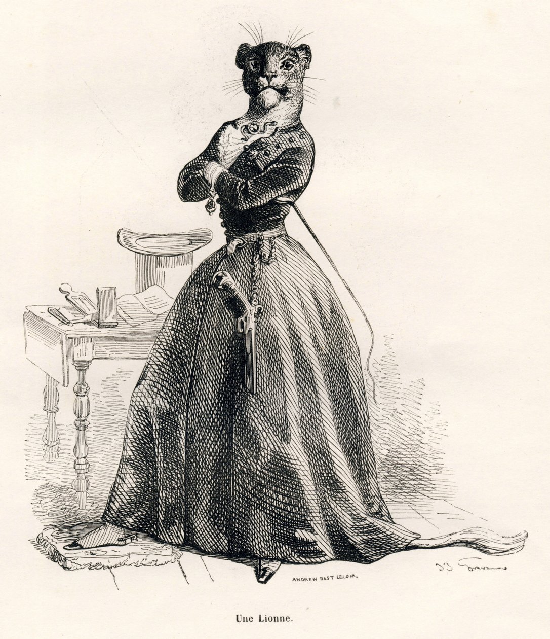 Leonessa con una pistola e una frusta. Vignette illustrate da JJ Granville. Incisione firmata Andrew, Best e Leloir nella parte intitolata "Viaggio di un leone d