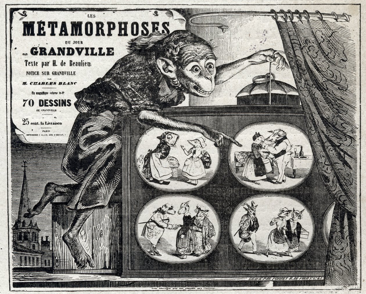 Letteratura. La Metamorfosi Quotidiana, del caricaturista Jean Jacques Grandville. Poster, Francia da Grandville