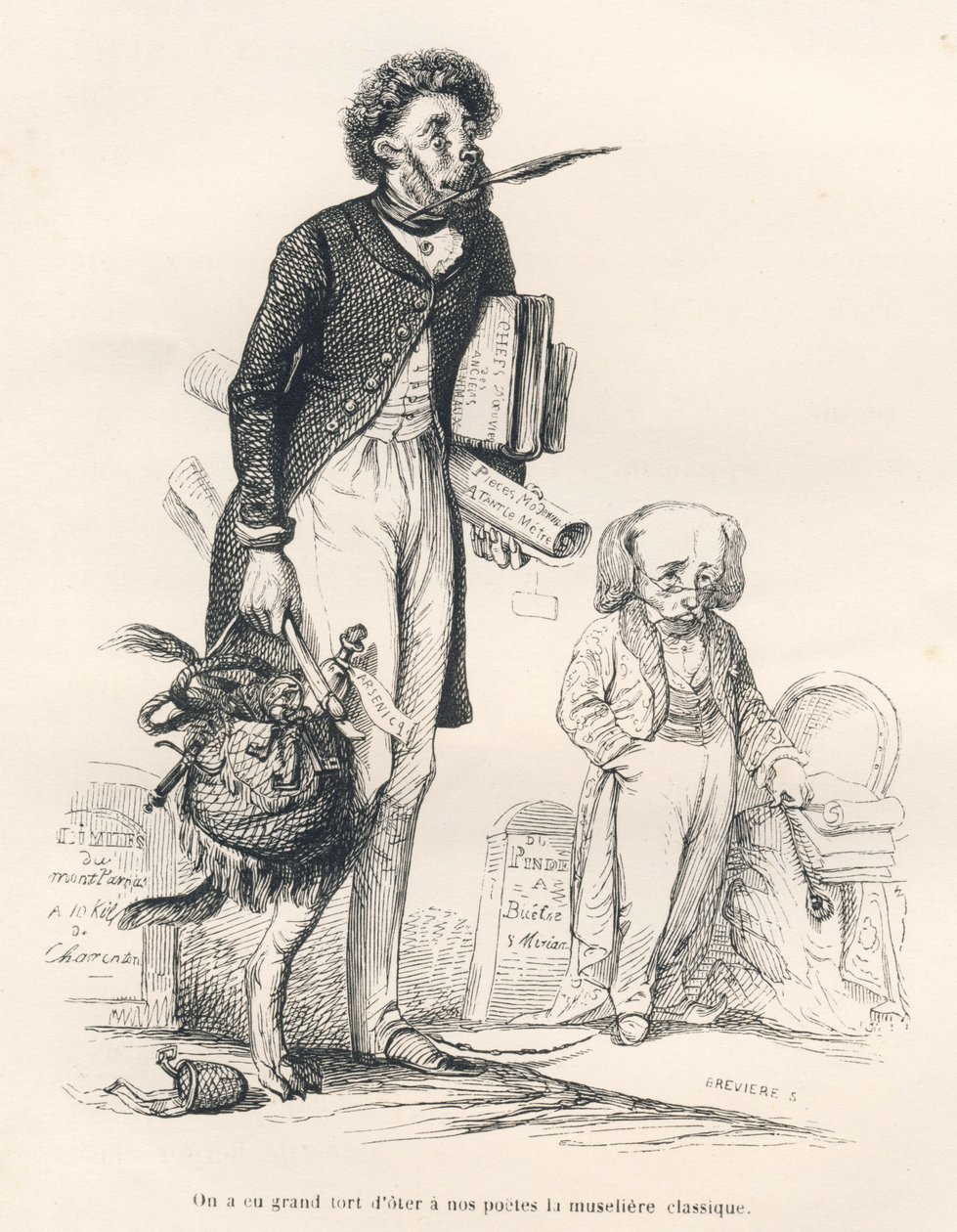 Si è fatto un grande torto a togliere ai nostri poeti la museruola classica. Vignette illustrate da JJ Granville. Incisione firmata Breviere nella parte intitolata "Il primo feuilleton di Pistolet" scritto da Jules Janin in "Scene della vita privata e pubb da Grandville