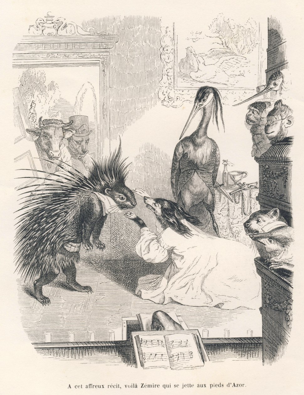 Opera con un porcospino, un cane e un airone sulla scena. Vignette illustrate da JJ Granville. Incisione firmata Godard nella parte intitolata "Il primo feuilleton di Pistolet" scritto da Jules Janin in "Scene della vita privata e pubblica degli animali" da Grandville