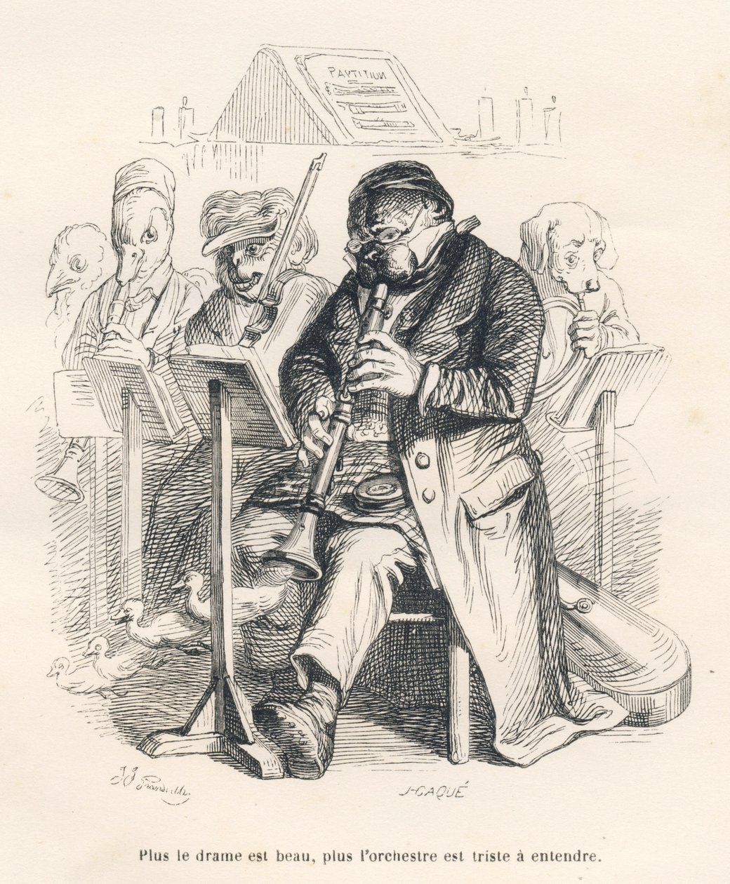 Orchestra con un cane che suona il flauto con pulcini che escono dallo strumento musicale. Vignette illustrate da JJ Granville. Incisione firmata Caque nella parte intitolata "Il primo feuilleton di Pistolet" scritto da Jules Janin in "Scene della vita pri da Grandville