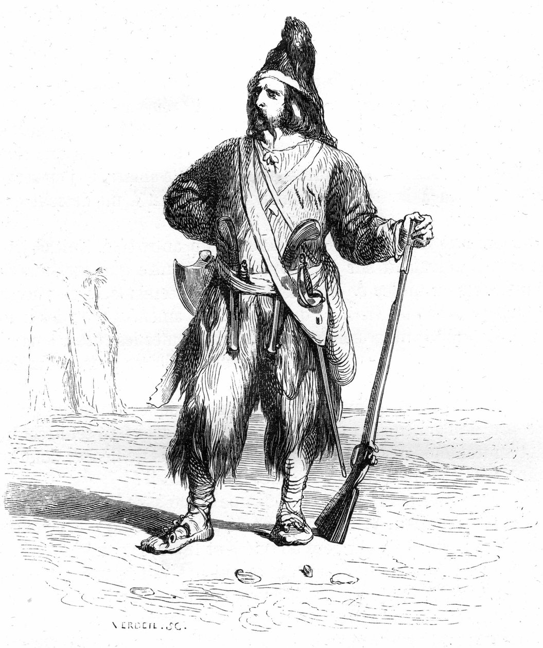 Ritratto di Robinson Crusoe sulla sua isola deserta con il suo fucile e le sue armi assortite alla cintura - Illustrazione di Grandville del romanzo di Daniel Defoe (De Foe) - Edizione Garnier 1869 p 155. da Grandville (1803 47)