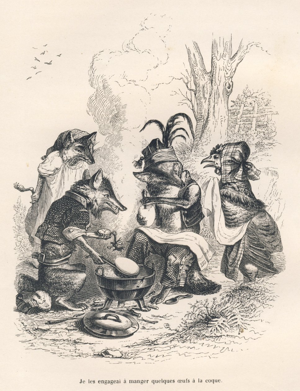 Volpi che mangiano uova alla coque davanti a una gallina in lacrime. Vignette illustrate da JJ Granville. Incisione firmata Godard nella parte intitolata "Un renard pris au piège" scritto da Charles Nodier in "Scènes de la vie privée et publique des animau da Grandville