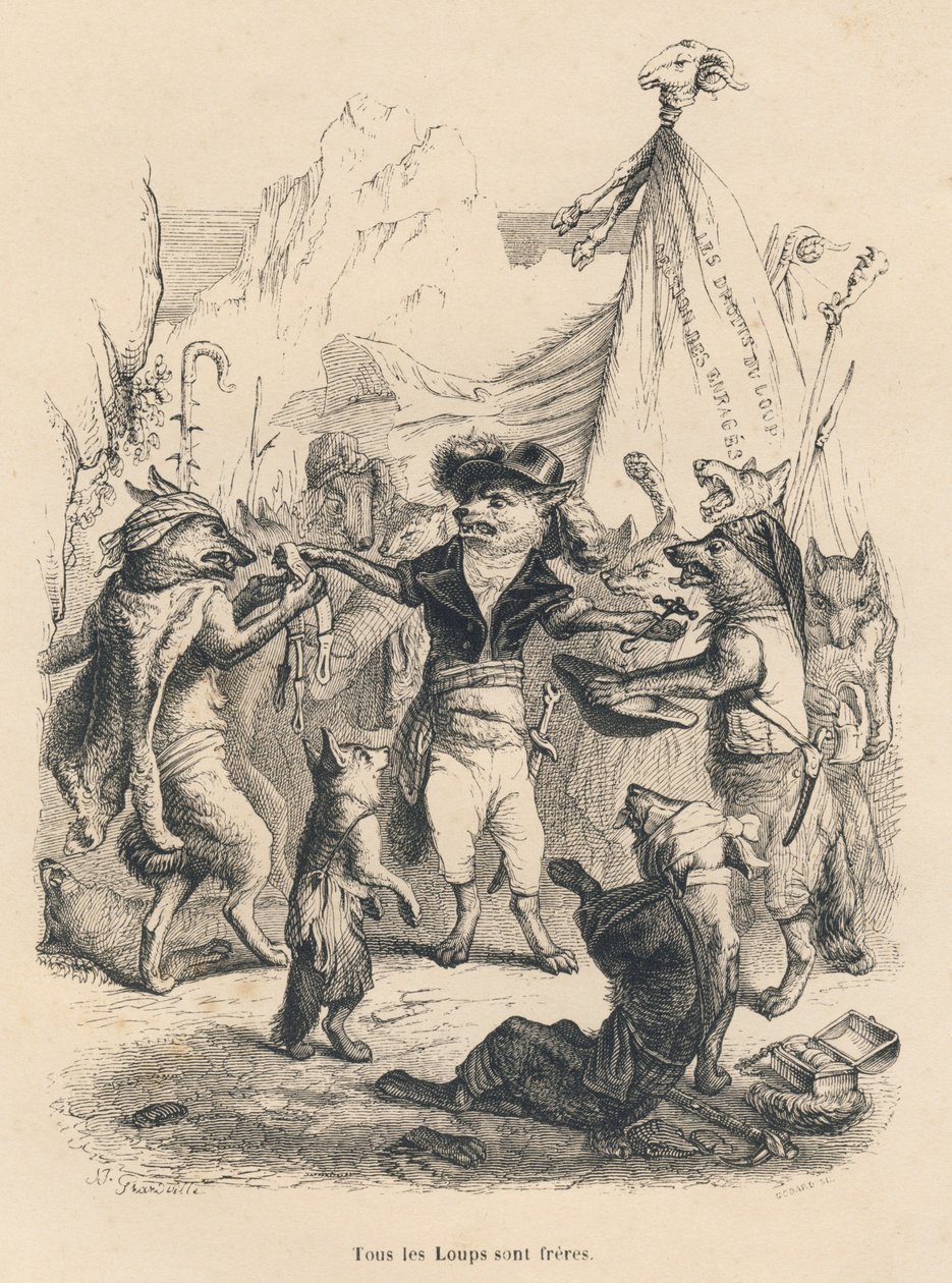 Rivoluzione dei lupi e libertà e diritto del lupo. Vignette illustrate da JJ Granville. Incisione firmata Godard nella parte intitolata "Voyage d