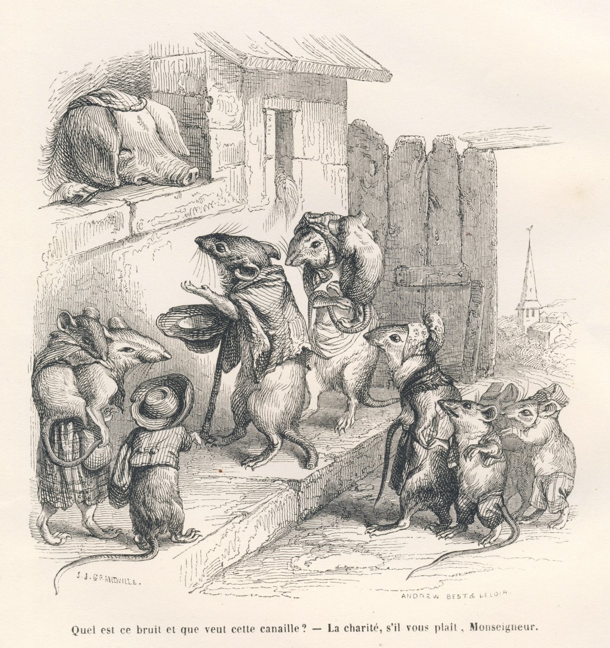 Topo che fa la carità a un maiale. Vignette illustrate da JJ Granville. Incisione firmata Andrew, Best e Leloir nella parte intitolata "Il topo filosofo" scritto da Edouard Lemoine in "Scene della vita privata e pubblica degli animali". Parigi, J. Hetz da Grandville