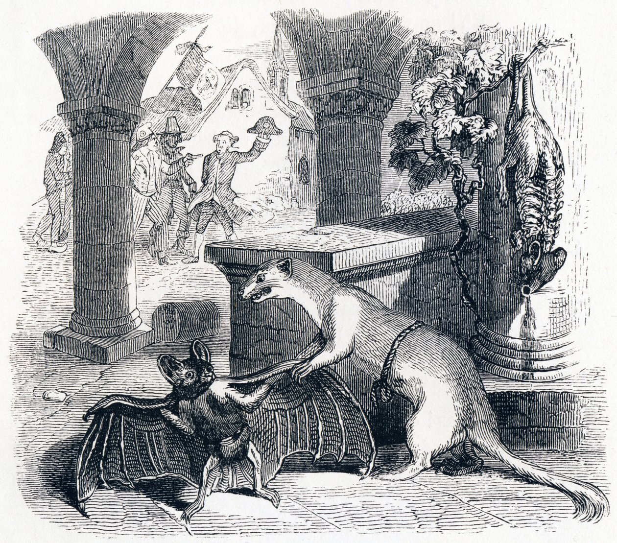 Il pipistrello e le due donnole (La chauve-souris et les deux belettes) - Favole di La Fontaine da Grandville
